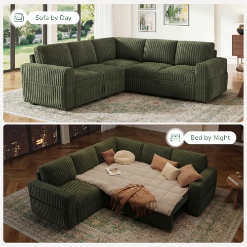 Image of HONBAY Modular Sectional Sleeper Sofa with Pull Out Bed,Corduroy L Shaped Couch with Storage, Sectional Couches for Living Room,Green