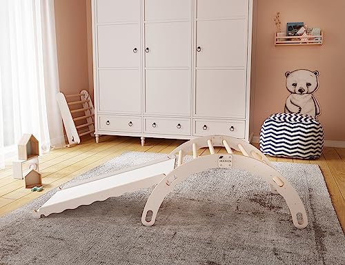 Foto von MAMOI® Kletterbogen mit Rutsche, Kletterdreieck, Klettern, Klettergerüst aus Holz, Holzbogen, Rutschbrett für Spielplatz, Klettergerüst Indoor