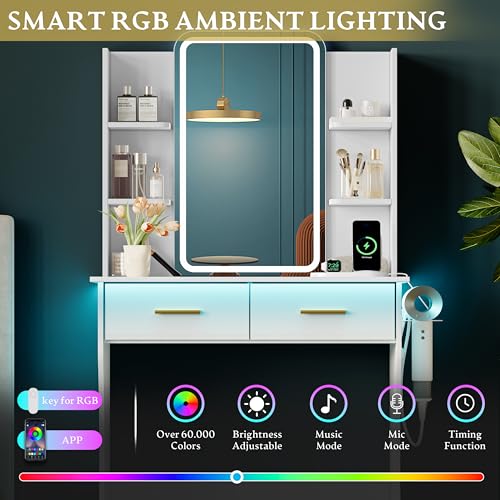 Image of Xixini Vanity Desk with LED Lights Mirror & Power Outlet, Small Makeup Vanity Table Set with Storage Drawers, 3 Lighting Modes & Adjustable Brightness, Dressing Table for Women Girls Bedroom, White
