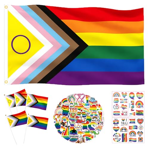 Oiomniv Progress Pride Flag Set 150x90 cm LGBTQ Flagge 5 Mini LGBTQ Handfahne Flaggen 50 Stück Sticker 28 Tattoos Regenbogen Flagge für Indoor Outdoor LGBTQ Pride Events Paraden Dekorationen