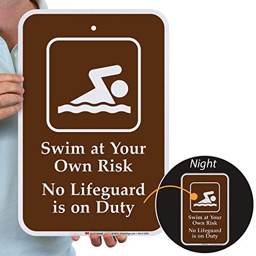SmartSign 3u00a0m ingeniero grado reflectante Sign, Legend nadar a su propio riesgo no Lifeguard es de servicio con gráfico, 18u00a0cm de alto x 12u00a0cm de ancho, blanco sobre marrón