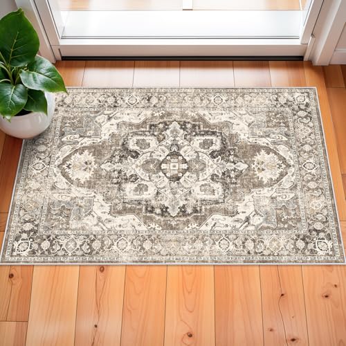 YOUFORTONG Washable 2x3 Entryway Rug: Non Slip Vintage Door Mat Indoor with Rubber Backing for Living Room Bedroom Bathroom Non Shedding Farmhouse Carpet Runner (Beige, 2X3)