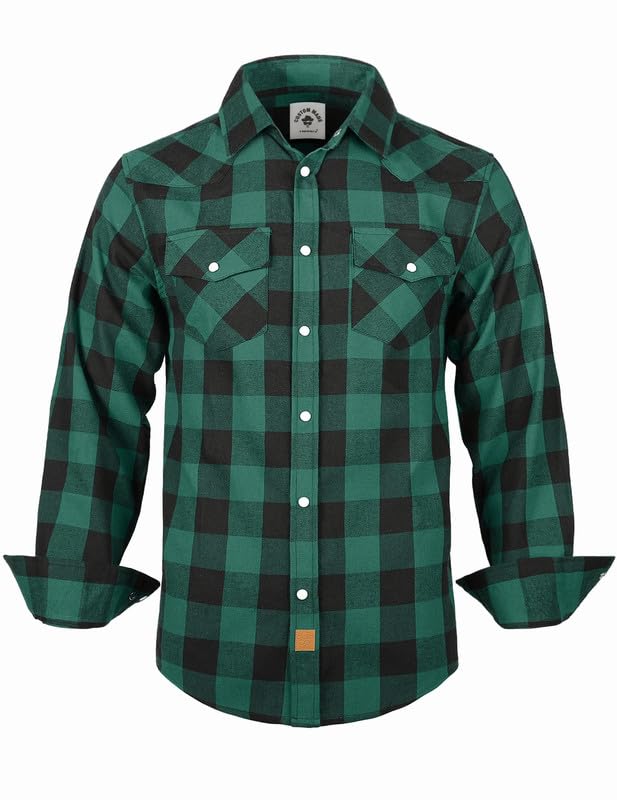 TARAINYA Camisa Franela Hombre Cuadros Western Cowboy Algodón Manga Larga con Botones Presión Regular Fit B Verde Negra búfalo L