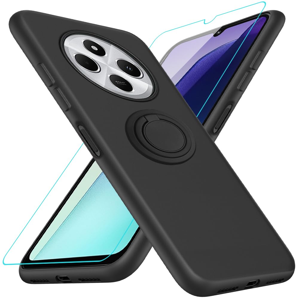 Nijiadi Case for Xiaomi Redmi 14C Phone Case with Glass Screen Protector, 360° Rotatable Ring Holder Kickstand/Stand Silicone TPU Shockproof