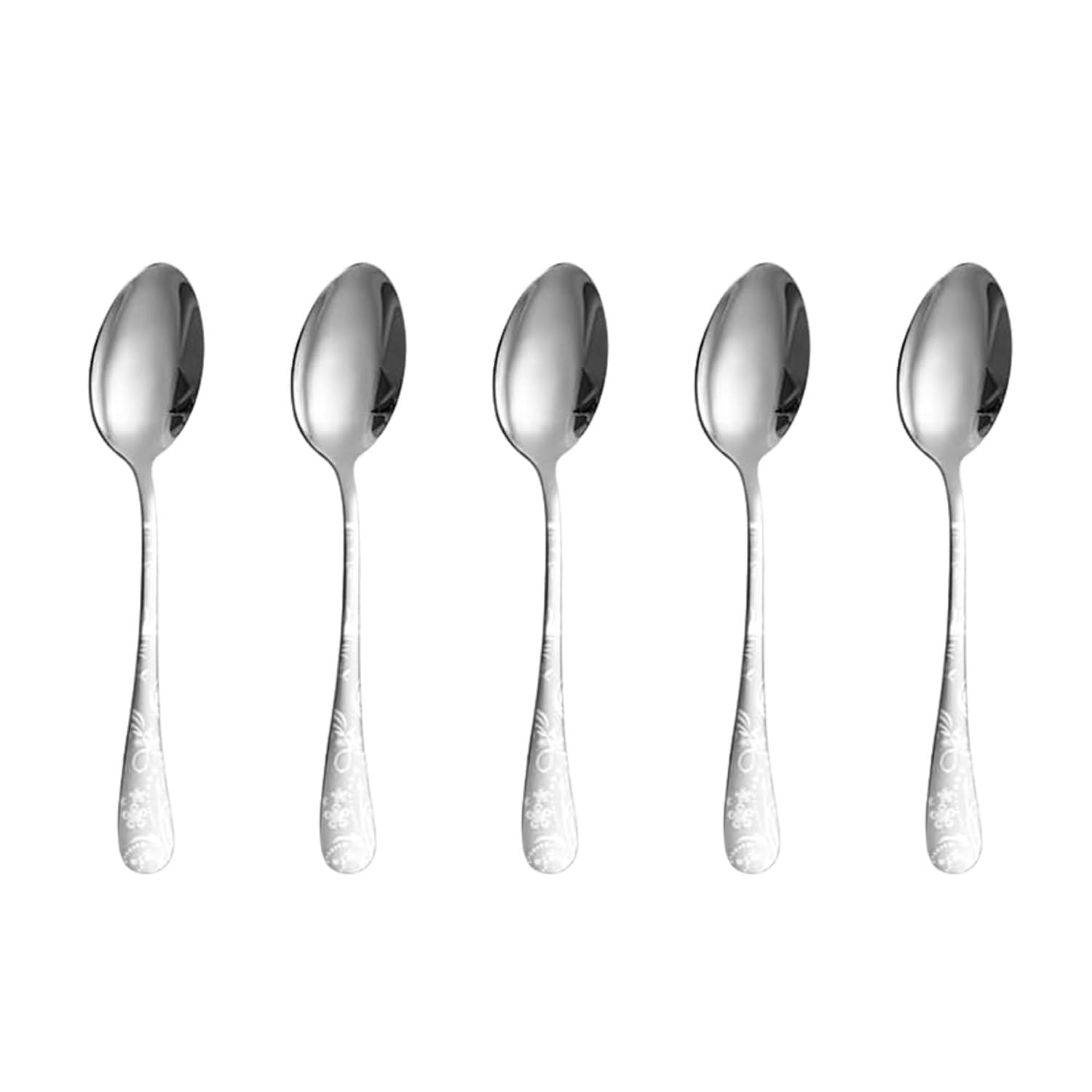 KitchAntique 6.7" Sterling Silver Dessert Spoons with Floral Printed Handle | Set of 5 Durable Stainless Steel Teaspoons