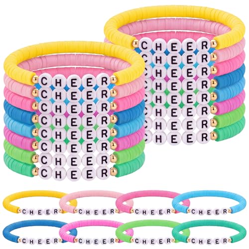Image of Landical 24 Pcs Cheerleader Gifts Stackable Clay Bead Cheer Bracelets Friendship Bracelets Senior Night Cheer Gifts for Girls(Macaron Colors)