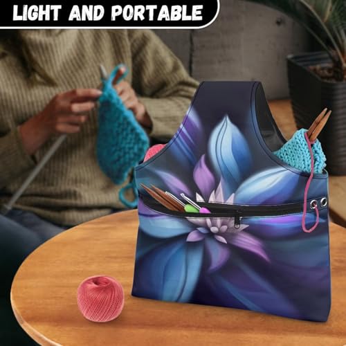 Image of KUIFORTI Boho Yarn Bag, Crochet Tote Bag, Purple Flower Yarn Storage Bag Organizer Travel Wrist Bag, Lightweight Yarn Tote Bags for Crocheting on The Go Knitting Accessories, Large Size