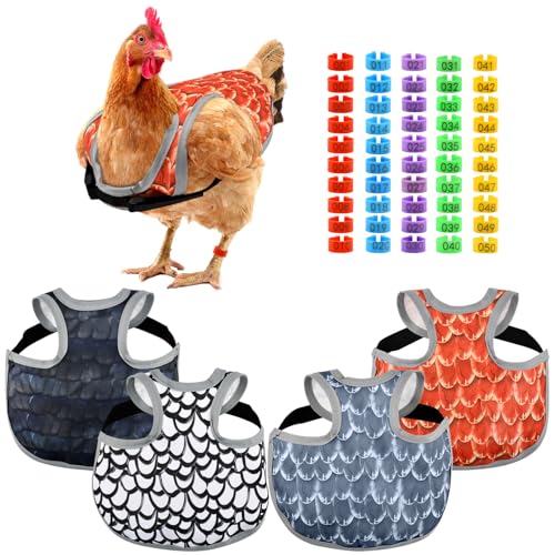 Herxsin 4PCS Chicken Saddles for hens Chicken Apron Back Protector for Hens with Adjustable Strap Chickens Hen Mating Saddle with 50pcs Chickens Identification Band