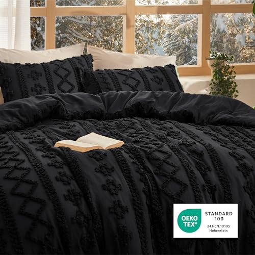 Image of Bedsure Tufted Boho Comforter Set Full Size - Black Boho Bed Set, GentleSoft 3 Pieces Farmhouse-Style Embroidery Bedding, Gifts for Woman, Soft Jacquard Kids' Full Comforter for All Seasons