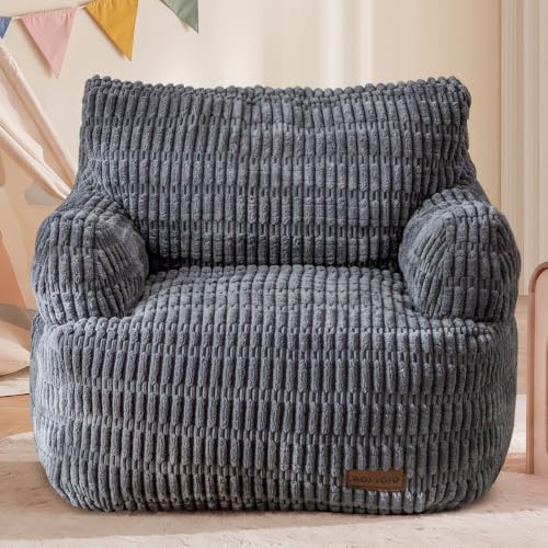 Image of MAXYOYO Kids Bean Bag Chair, Stuffed Toddler Bean Bag Sofa with Filler | Bean Bag Chair for Boys and Girls, Boho Striped Fabric Lazy Sofa with Pocket Floor Chair for Gaming, Reading, Dark Grey