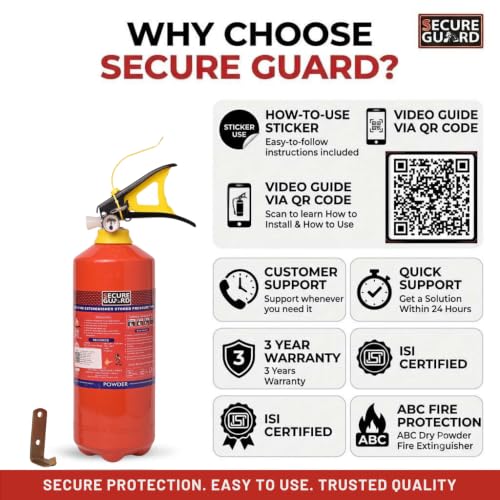 Image of Secure Guard ABC Powder Type 2 Kg Fire Extinguisher Red Fire Extinguisher ISI Mark with Wall Mount Hook and How to use Instruction Manual for Home, Kitchen, Office, School and Industrial Use