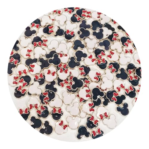 BLUE MONGQI 100 Pieces Small Plastic Beads Plated Gold Enamel Red Bow White Black Mouse Charm (no hole) Lightweight ABS Flatback Anime Bead Charms for Women DIY Hair Accessory Crafts