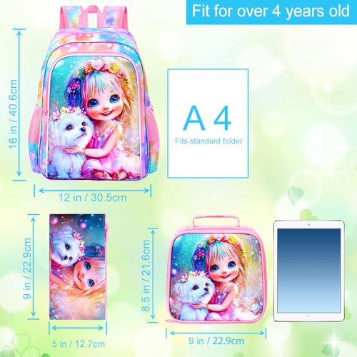 Image of 3Pcs Dog Backpack for Girls, 16 inch Kids Backpacks with Lunch Box, School Bookbag for Elementary Preschool Kindergarten (Pink)