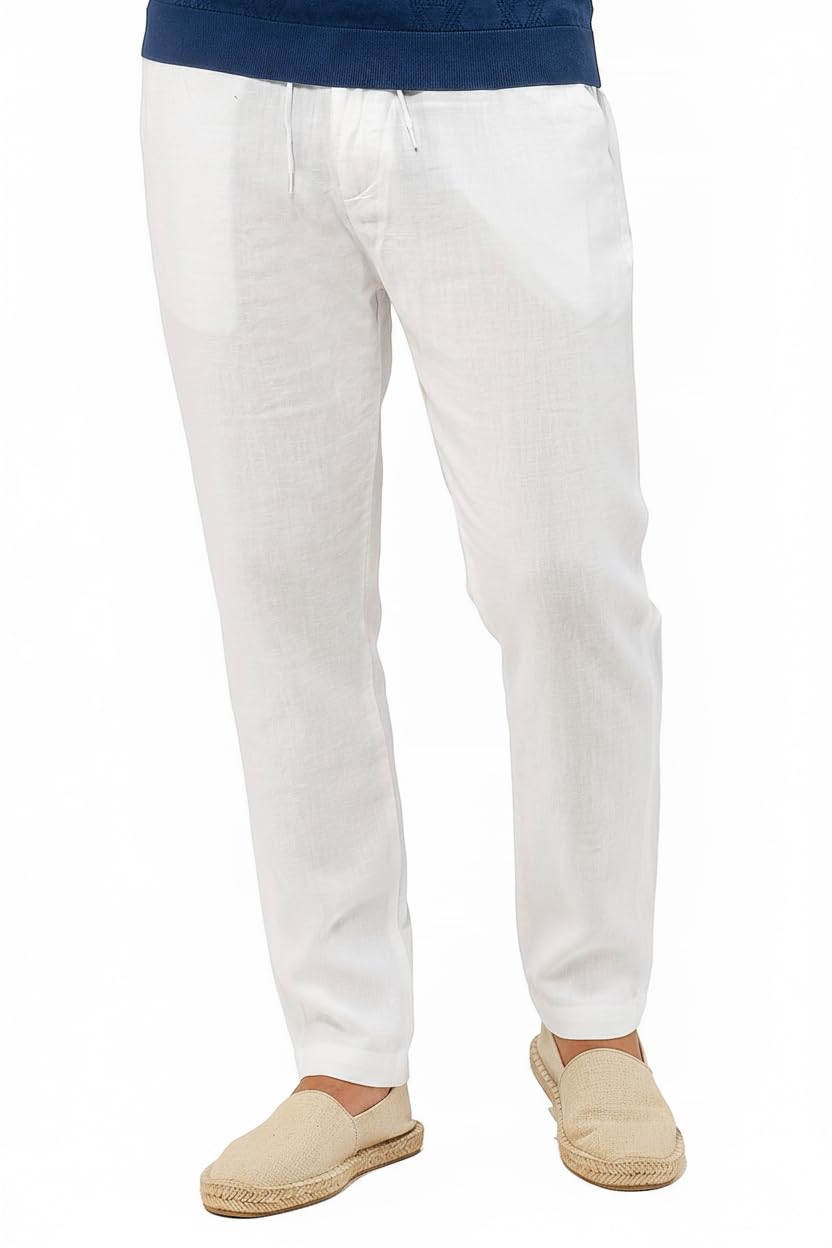 Cholp 100 Linen Dress Casual Resort Pants for Men Relaxed Fit Drawstring Summer Trousers Rich Famous Collection