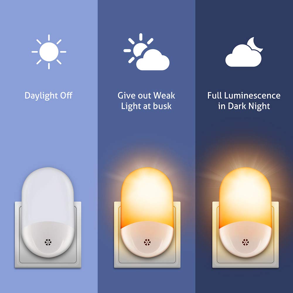 La luz del Sensor Movimiento, US Socket Plug-in Night Lights, On/Off automático Caliente lámparas luz Blanca, LED energéticamente eficiente, niños, Pasillo, baño, Escaleras (Paquete de 4)
