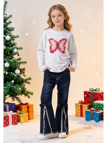 Image of Toddler Girl Clothes Long Sleeve Cartoon & Letter Graphic Top + Fruit Stationery Print Flared Leg Pants