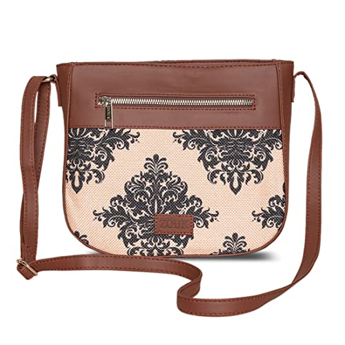 Image of ZOUK Women's Handcrafted Cream Mughal Motif Printed U Shaped Sling Bag