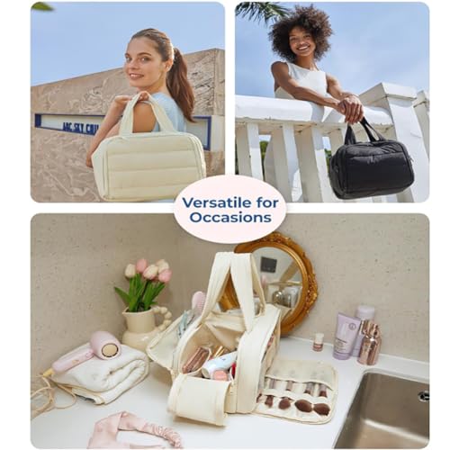 MaisonGinza Cloud Carry Bag, Large Capacity Wide-Open Travel Toiletry Bag, 4-in-1 Puffy Multi-functional Makeup Bags for Women, Portable Waterproof Open Flat Cosmetic Organizer Bags (Brown) 7