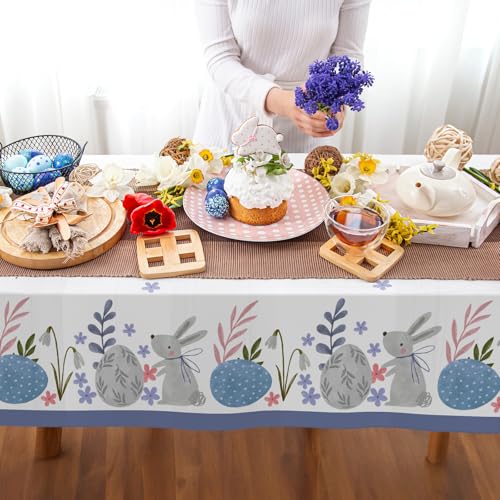 Image of Confettiville Easter Tablecloth, 2-Pack Disposable Easter Table Cloths, Easter Bunny and Eggs Table Covers, 54 x 108 Inches, Easter Party Decorations