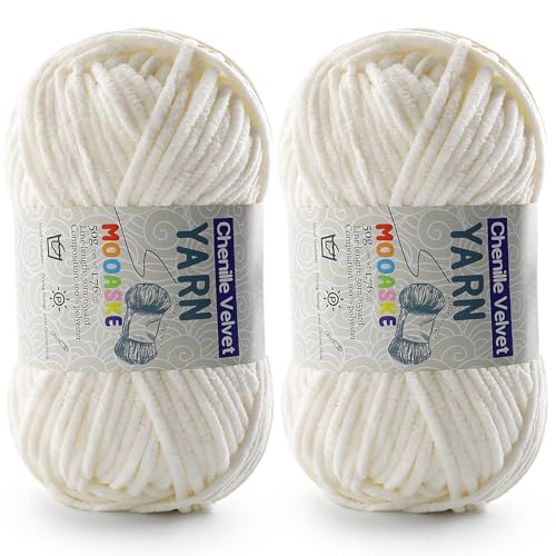 Image of Mooaske 2 Pac Chenille Yarn for Crocheting - Fluffy Yarn for Crochet, Baby Yarn for Crocheting Soft Blankets - Weight Per Roll 50g /1.76oz, Length 60m /65yard (Milky White)
