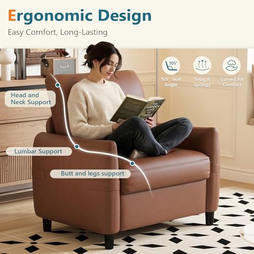 Image of Brown Leather Accent Chair, Oversized Deep Seat Armchair Living Room | STHOUYN Leather Reading Chair, Comfy Deep Seat Armchair with Mid-Century Style, Office Bedroom Apartment Waiting Room, Brown