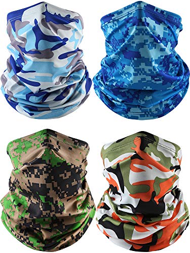 4 Pieces Summer Face Cover Scarf Neck Gaiter Cooling Sunblock Bandana (Camo Blue, Camo Sky Blue, Camo Green, Camo Orange)