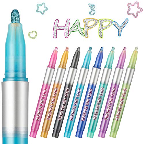 Ougrand Double Line Outline Pens, 8 Colors Self-Outline Metallic Markers, Outline Marker Double Line Pen Journal Pens for Kids, Outline Markers for DIY Arts, Painting Greeting Cards (8PCS)