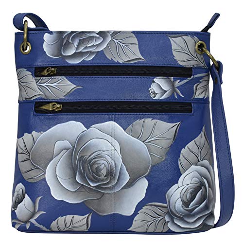 Anna by Anuschka Damen Original Echtleder Medium Shopper Crossbody Umhängetasche aus echtem Leder, mittelgroß, handbemalt, Romantisches Rosenblau