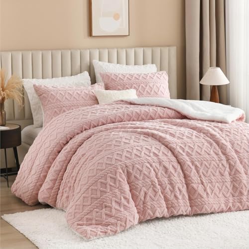 Andency Fluffy Sherpa Full Comforter Set Super Soft Blush Fleece Warm Bedding for Winter Luxury Jacquard Boho Thick Fuzzy Plush Bed Set 3 Pieces(1 Shaggy Comforter 2 Pillowcases)