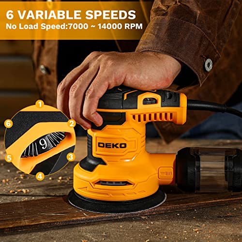 Dekopro Random Orbit Sander 2.5A With 16Pcs Sandpapers, 6 Variable Speed 14000Rpm Electric Sander, 5 Inches Hand Sander Tool, High Performance Dust Collection System, Fit For Woodworking/Sanding #TOP5