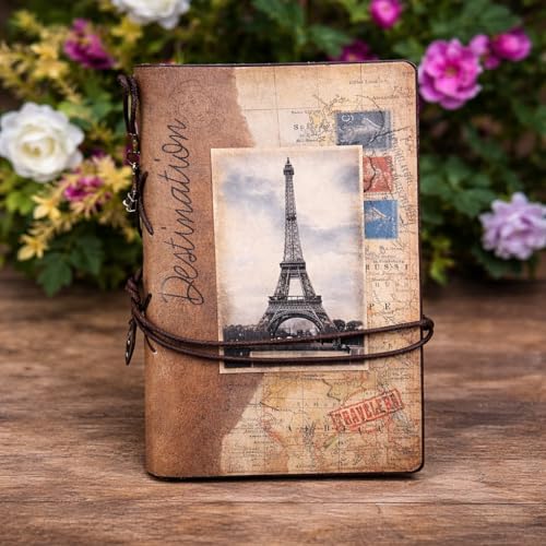Image of Giftana Vintage Paris Leather Notebook, Journal Refillable Retro Travel Diary with 180 Pages, 6 Ring Binder, Zipper Pocket & Card Slots, European Style Sketchbook Planner for Men & Women