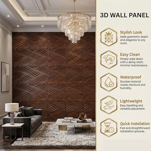 Image of Kayra Decor 3D Wall Panels Wave Design - Blackwood Color | 19.7 inch x 19.7 inch (Pack of 12) - Covers 32.28 Sq. Ft | Premium Home & Office Wall Decoration