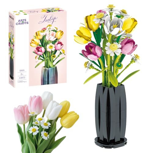 Rilcn Flower Bouquet Building Set, 1250pcs Creative DIY Plant Bouquet Decoration, Tulips Daisies Artificial Flowers with Vase