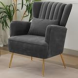 WUTUTUEE Living Room Chairs Chenille Accent Armchair with Lumbar Pillow&Gold Leg, 8.5' Thick Cushion, Mid Century Modern High Wingback Bedroom Chairs Upholstered Comfy Sofa Arm Chair, Grey