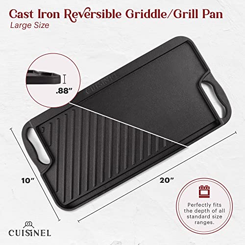 Cast Iron Griddle / Grill + Scraper/Cleaner - Reversible Pre-Seasoned 20" X 10"-Inch Dual Handle Flat Skillet And Griller Pan + Cleaning Accessories - Indoor/Outdoor Stove Top Burner, Gas Safe Skillet #TOP1