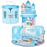 deAO Doll House Portable for Girls Dollhouse Castle Playset Kids Pretend Play Doll House with 2 Doll Toy Figures,Living Room,Bedroom,Balcony & Accessories for 3 to 7 Year Olds Kids (Blue)