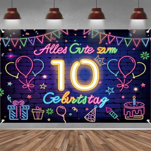 10. Geburtstag Banner für Mädchen Junge Deko Schwarz Neon 10 Geburtstag Hintergrund Banner Extra Große Stoff Schild Poster für 10. Geburtstagsparty Deko 210x150 cm
