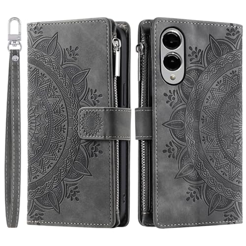 Étui portefeuille Samsung S25 Edge gris en cuir à rabat