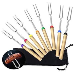 CINY 8 stuks Barbecuevorken, grillvorken voor Marshmallows met houten handvat 80 cm Uitschuifbare BBQ Telescopische roestvrijstalen spiesjes & hotdog voor vorken Kamperen Kampvuur Vuur (met zak)