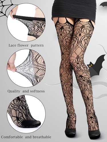 Image of Geyoga 2 Pcs Lace Fishnet Stockings Tights Floral Gloves Black Suspender Pantyhose Long Gloves for Women Halloween Cosplay