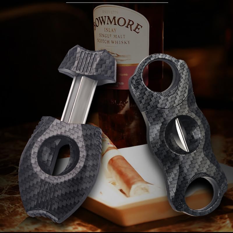 Cigar Cutter Carbon Fiber Textured Stainless Steel Scissors Double Blade Cuban V Shaped Manual Handheld Pocket Accessory Tool(A)