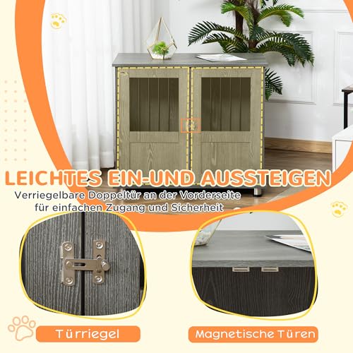 PawHut Hundekäfig Möbel 85cm Hundebox für Zuhause, Moderne Hundehütte mit Magnettür, Schloss, Fenster Abschließbar Hundehaus für mittlere Hunde bis zu 15kg, 85 x 55 x 75 cm, Grau