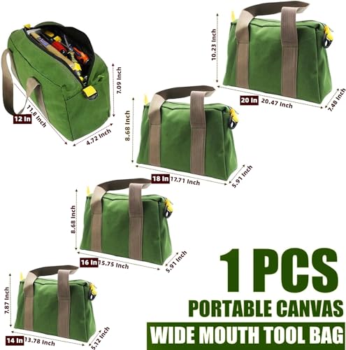BLIRITEL 12 Inch Wide Mouth Tool Bag, Heavy Duty Canvas Tool Storage Bag, Large Capacity Handbag, Multi-function Tool Organizer Tote Bag for Storage Wrenches Pliers (Green - 12 Inch)