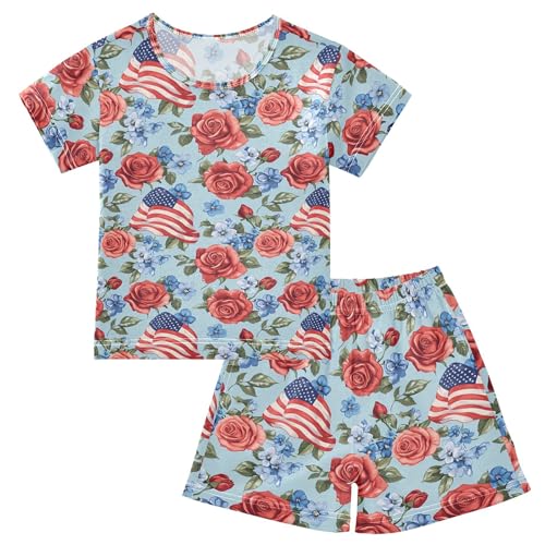 July 4th Independence Day American Flag Rose Pajama Set Pajamas Sleepwear Nightwear Loungewear Clothes Set B04046013