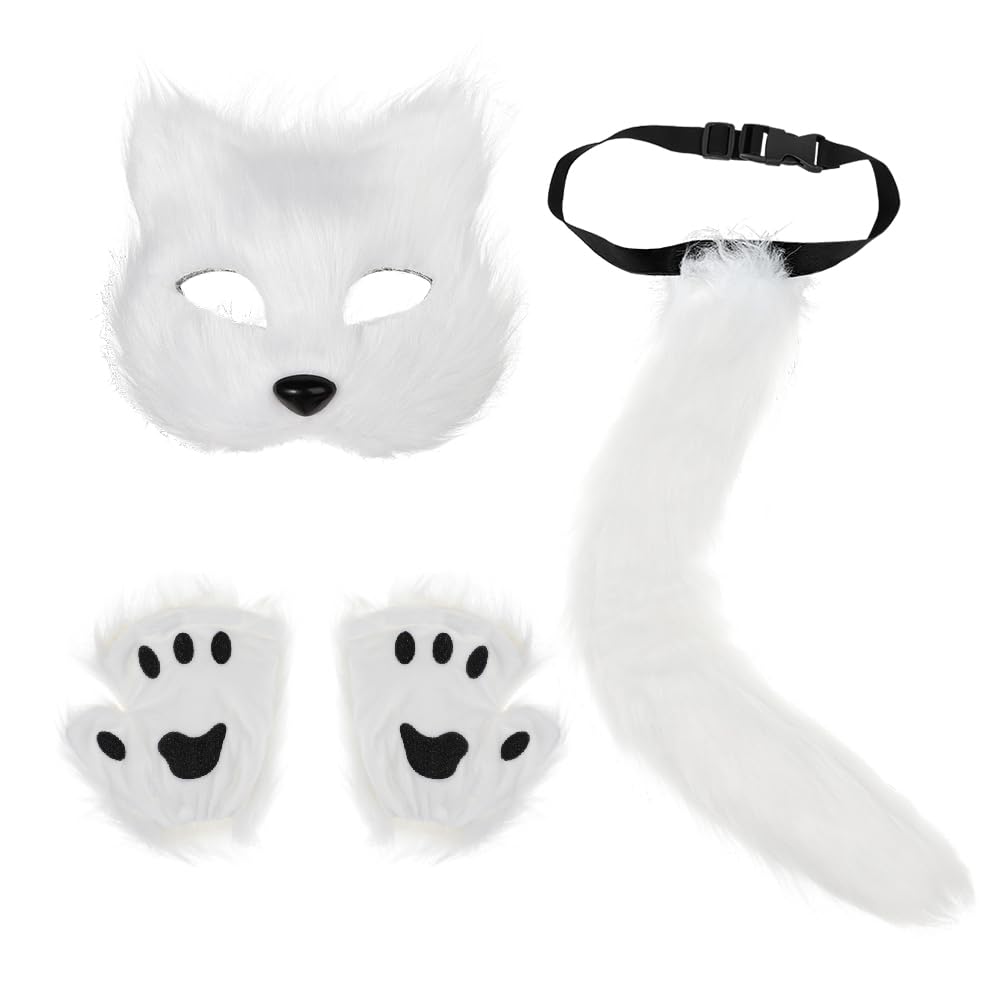 Animal Costume Furry Cat Mask and Tail Paw Gloves Set Faux Fur Plush Wolf Set Includes Mask Long Tail and Gloves Paws for Halloween Costume Fancy Dress Party Cosplay Accessory