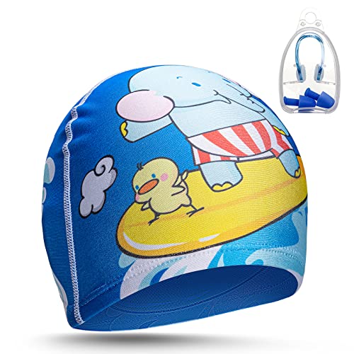 Gorro de baño infantil de tejido extensible - pinza de nariz + tapones para los oídos incluidos, fácil de poner, gorro de natación - gorro de piscina para niños (azul) Cover