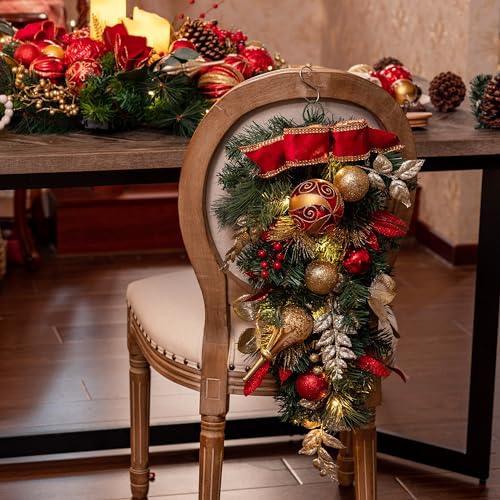 Valery Madelyn Pre-Lit Christmas Teardrop Swag for Decorating Outdoor, 24 Inch Mailbox Swag Decoration with 20 LED Lights, Red Gold Ball Ornament for Front Door Stairway Window Shelf Xmas Home Decor - Image 3