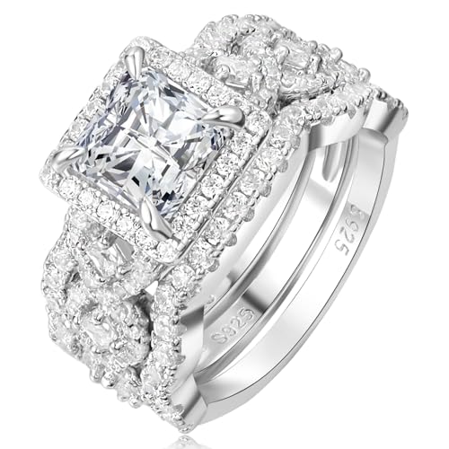 Princess Cut Cubic Zirconia Halo Promise Engagement Ring For Women in 925 Sterling Silver, Simulated Diamond 14k White Gold Plated CZ Stackable Rings For Her, Wedding Band Bridal Ring Set