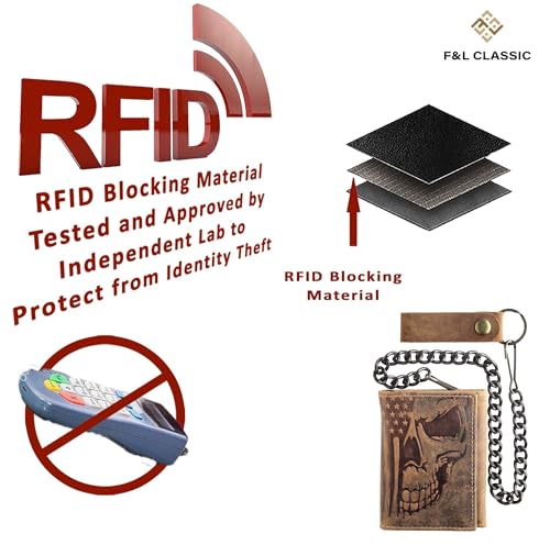 Image of F&L CLASSIC RFID Blocking Men's Tri-fold Vintage Biker Cowhide Leather Steel Chain Wallet,Snap closure, brown,skull /flag,315-103