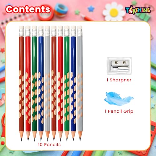 Image of Toyshine HB Pencil Set with Erasers on Top | Pack of 10 Round Hole Groove Grip Pencils with Sharpener & Pencil Cap | Comfortable Writing School Stationery for Kids & Students